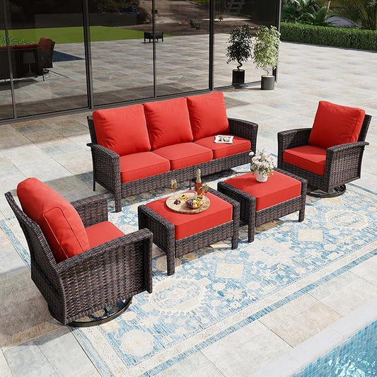 5-Piece Wicker Patio Furniture Set, High Back Outdoor Swivel Chairs with Comfy Ottoman, 5.5-inch Thick Cushion, All-Weather Wicker Patio Conversation Set for Deck Yard Pool, Red