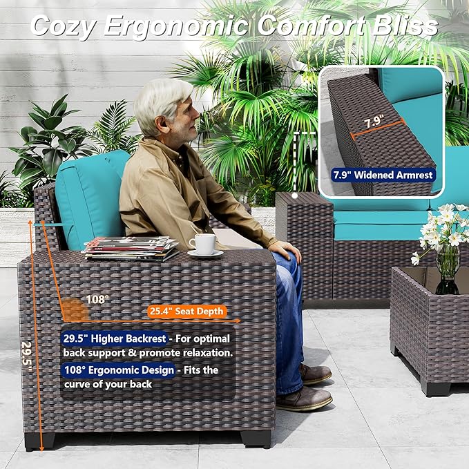 Outdoor Patio Furniture Set, 6 Pieces Outdoor Sectional Furniture High Backrest Patio Sofa, All-Weather PE Rattan Patio Conversation Set with Coffee Table & Cushions(Teal).
