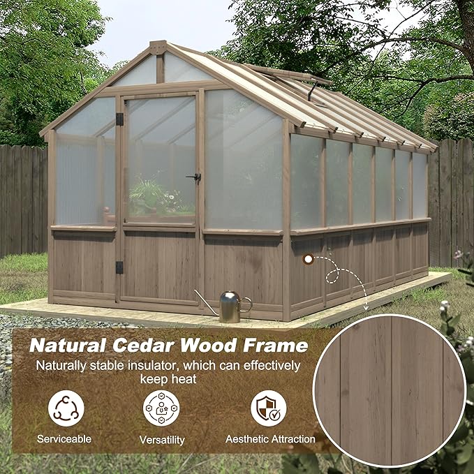 MUPATER 8' x 12' Outdoors Walk-in Greenhouse, Wood Greenhouse with Ventilated Window and Lockable Door, 6mm Polycarbonate Panels for UV Protection and Heat Insulation,Suitable for Patio, Backyard