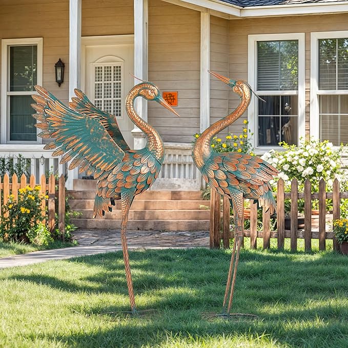Ultym Extra-Large 36.8" Metal Crane Garden Statue, Handcrafted Blue Heron Decor Sculptures with Stable U-Ground Stakes, Backyard Decoration, Metal Garden Bird Animal Yard Art, Lawn Ornament Decor