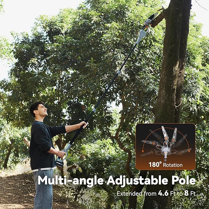 TaskStar 2-in-1 Pole Saw for Tree Trimming, 8 Inch Cordless Mini Chainsaw with Extension Pole, Brushless Motor, with 2 x 4.0 Ah Batteries & Charger, Auto Lubrication, 15 Ft Max Reach