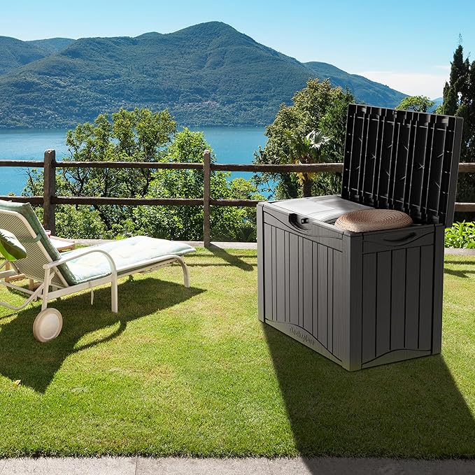 50GAL Brown Deck Box with Special Pattern and Lock Hole - Waterproof, SGS - Approved UV Resistance, Stylish Storage for Outdoor Cushions and Decor, Effortless Assembly Process