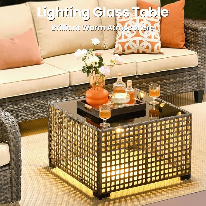 ovios 8 Pieces Patio Furniture Set, Outdoor Wicker Sofa Couch with Rocking Swivel Chairs Solar Lights Table, Modern Deep Seat Rattan Conversation Sets for Porch Deck, Beige