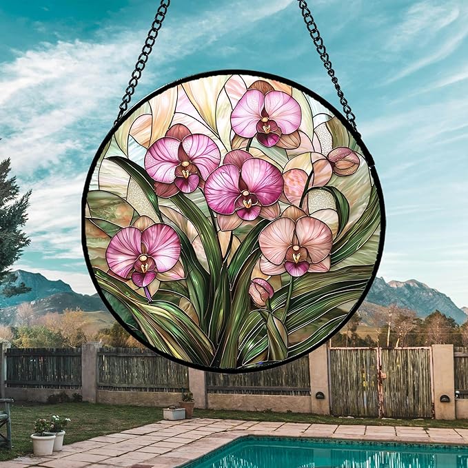 AMDERVEN Stained Glass Window Hanging - Pink Phalaenopsis Orchid Green Leaves Sun Catcher for Door Home Decor Flower Suncatcher Christmas Mother's Day Birthday Gifts for Women Men Mom Nana 6.3 in