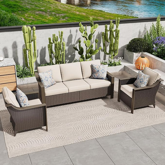 3 Pieces Outdoor Patio Conversation Furniture Set - 75" 3-seat Sofa | 2 Wicker Chairs, Metal Wicker Couch, Removable Cushions, PE Rattan, Metal armrests, Yard (Beige and Brown Stripe)