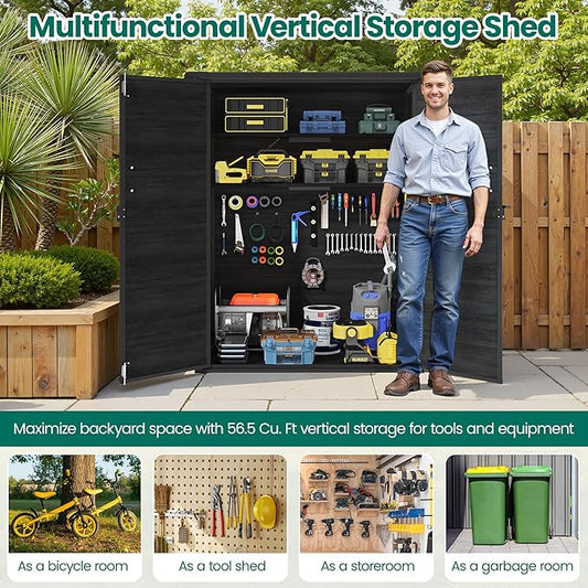 5×3 FT Vertical Outdoor Storage Shed, 56.8 Cu.Ft Resin Storage Cabinet with Lockable Double Doors, Weather-Resistant Tool Shed for Garden, Patio, and Backyard Equipment (Woodgrain Gray)
