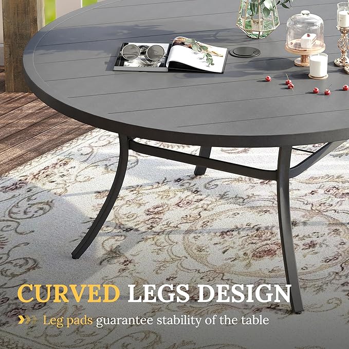 VICLLAX 60" Outdoor Round Patio Table for Lawn Garden, All Weather Metal Patio Dining Table with Adjustable Umbrella Hole, 8-10 Person, Grey