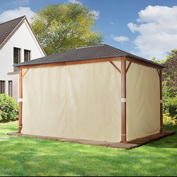 TOOLPORT Hardtop Gazebo 10x13 ft - Wood-Effect Finish - Steel Roof - 4 Side Panels in Champagne
