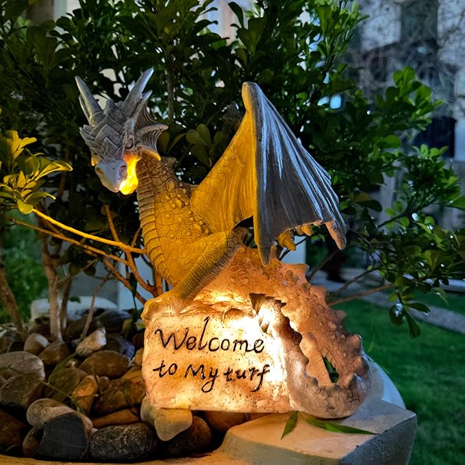 Jy.Cozy Garden Large Dragon Statue Solar Powered Outdoor Figurine Light The Dragonfire Welcome to My Turf Sign Big Resin Sculpture Home Decoration Housewarming Ornament Unique Gift