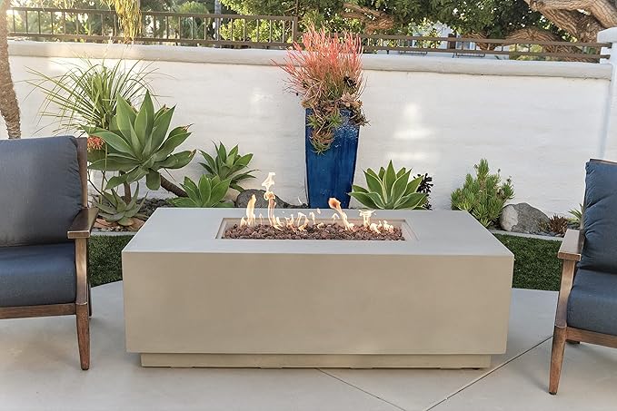 AMS Creations | Sedona Fire Pit Table with Pull-Out Propane Tank Storage Drawer | Concrete Rectangular Propane Fire Pit | Modern Outdoor Furniture | Lava Rock and Fabric Cover Included. (Light Grey)
