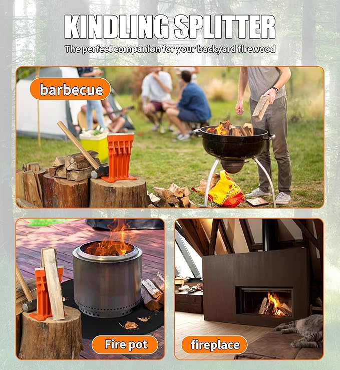Firewood Kindling Log Wood Splitter – No Axe! Wedge Point Splits Firewood, 6 Inch, Orange with Safety Cover
