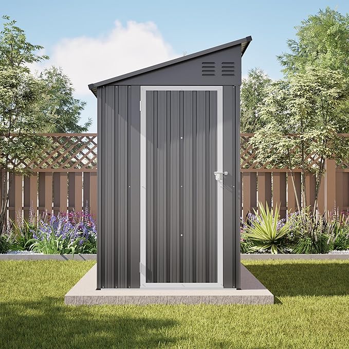 4×8 FT Lean to Metal Shed,Outdoor Heavy-Duty Storage Shed with Floor Base,All Weather Waterproof Garden Tool House W/Lockable Door&2 Air Vents,Reversible Door Design,for Backyard,Patio,Lawn,Gray