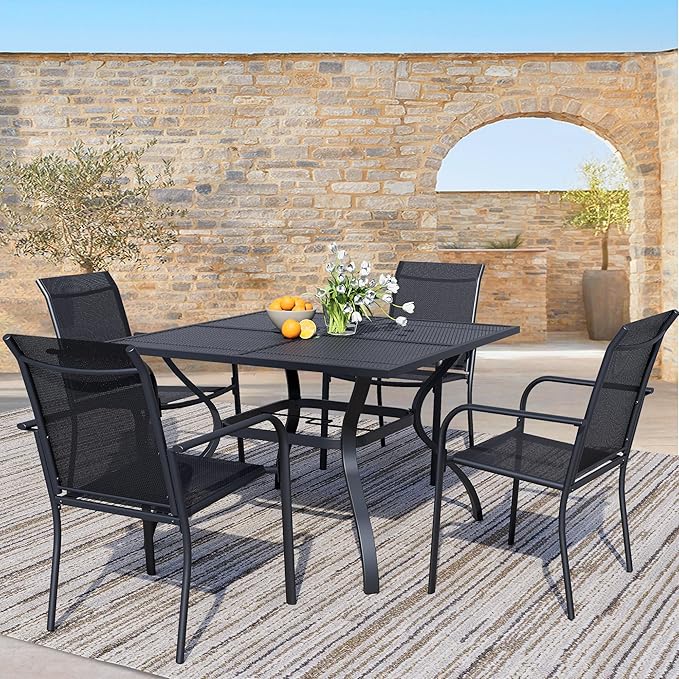 5 Piece Outdoor Dining Set, Patio Table and Chairs Set of 4, 37.5" Black Square Patio Table with 4 Black Stackable Patio Chairs for Lawn, Garden, Porch