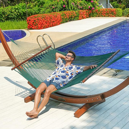 Lazy Daze Hammocks 10.5 FT Double 2 Person Caribbean Rope Hammock, Hand Woven Polyester Hammock with Spreader Bars, for Outside Outdoor Backyard Patio Poolside, 450 LBS Capacity, Green