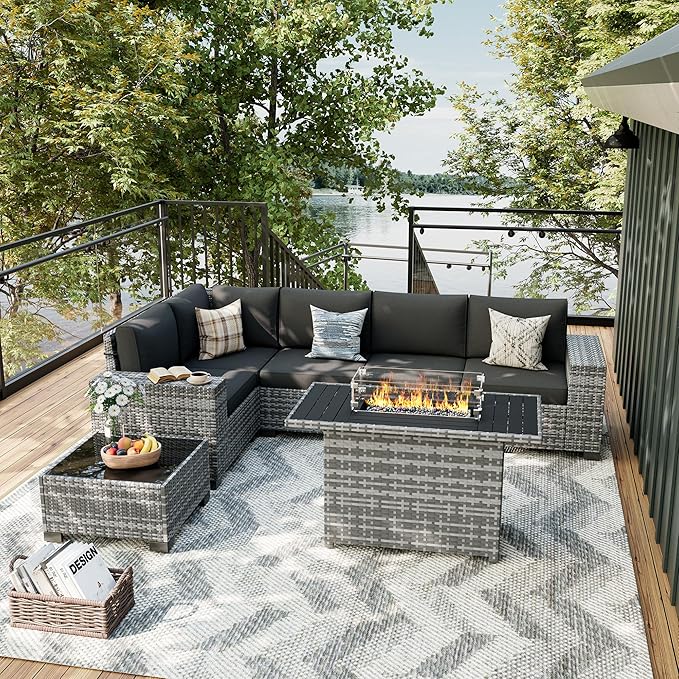 UDPATIO Patio Furniture Set with Fire Pit Table, 8 Inch Armrest Outdoor Sectional Sofa, 7 Piece Wicker Outdoor Furniture Conversation Sets with Waterproof Cover for Backyard Deck(Grey/Black)