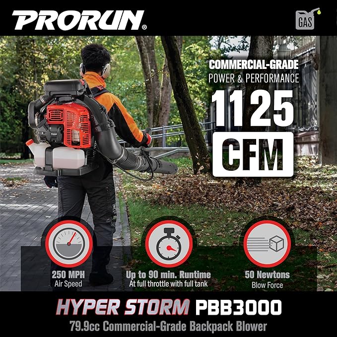 PRORUN PBB3000 Gas Backpack Leaf Blower, 79.9cc Commercial-Grade, 250 MPH, 1125 CFM, 50N