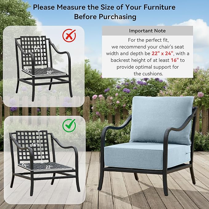 6" Thick Outdoor Cushions 22x24x6, 3-Set Deep Seat Patio Cushions with Removable Cover, Waterproof & Fade Resistant Replacement for Wicker Chair, Loveseat, Sofa - Baby Blue