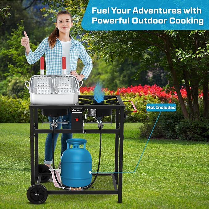 Fire Riot Deep Fryer with Double Burner Propane Stove Outdoor, 2×18QT Aluminum Pots & Frying Baskets, 100,000 BTU High-Power, Fish Fryer for Wings, Fries, Cajun Fry
