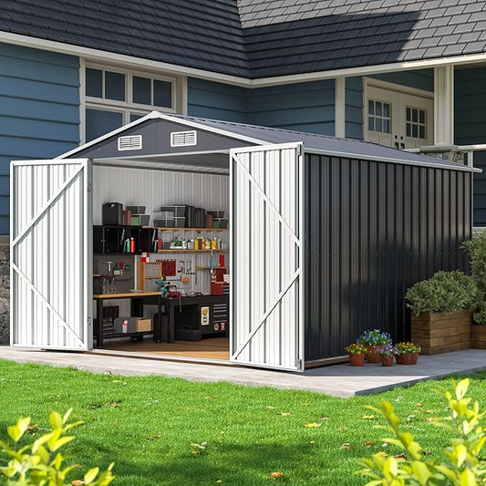 8x12 FT Outdoor Storage Shed, Metal Garden Tool Shed with Updated Frame Structure and Lockable Doors, Ideal for Backyard Garden Patio Lawn, Grey