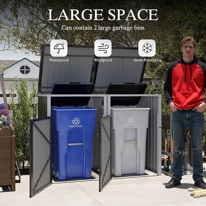Outdoor Storage Shed Metal Trash Can Storage,54 Cu.Ft Garbage Can Storage Shed W/Lid Chain,Hydraulic Mechanism & Pneumatic Spring Support Rods,for 2 Trash Bins,Bike,Garden Tools,Dark Gray