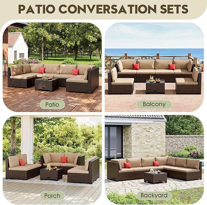 7 Piece Patio Sectional Furniture Set Outdoor Furniture Brown Rattan Outdoor Sectional & Patio Sectional - Hand-Woven Wicker Outdoor Sectional Beige Cushions Glass Table