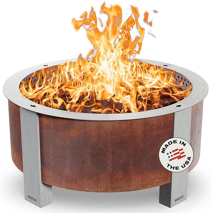 Breeo Smokeless Fire Pit (X Series 42, Corten Steel, Lid Included) | 46 inch Smokeless Firepit for Outside | 190 Pounds | Gifts for Dad | Compatible with Wide Range of Breeo Accessories