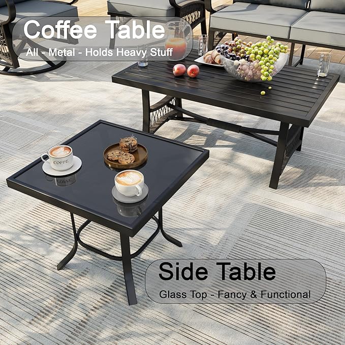 11-Piece Patio Conversation Sets, All Weather Metal Outdoor Furniture Set Includes 3-Seater 4 Swivel Rockers with 2 Side Tables 1 Loveseat with Coffee Table 2 Single Chairs for Backyard Porch, Gray