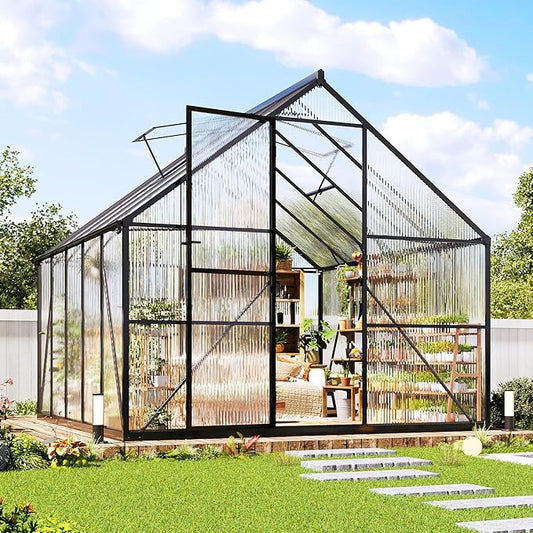 Jocisland 8x10Ft Polycarbonate Greenhouse, Heavy Duty Aluminum Frame with 2 Windows & Swing Doors, Outdoor Garden Greenhouses for Backyard, Black