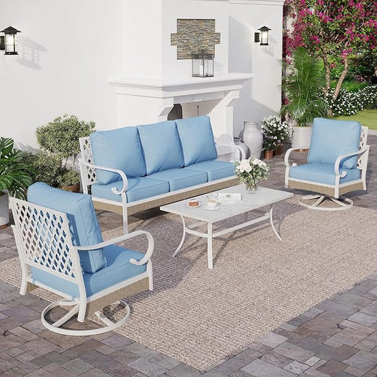 4 Piece Metal Outdoor Patio Furniture Set, Patio Conversation Sets with 3-Seater Sofa, 2 Swivel Chairs and Coffee Table, White Frame Outdoor Seating Furniture for Bavkyard, Blue