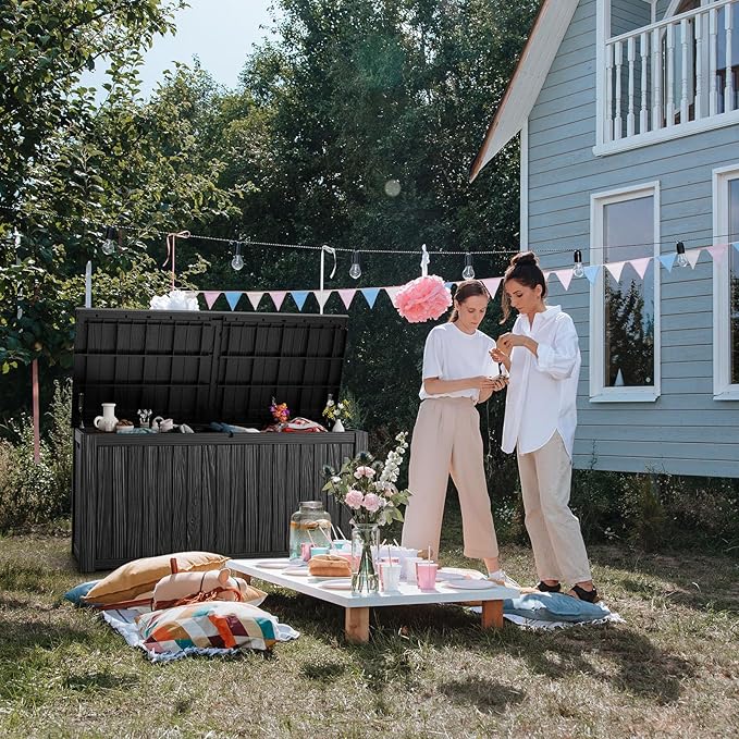 181 Gallon Deck Box Large Outdoor Storage for Patio Furniture,Outdoor Cushions,Garden Tools and Pool Supplies,Waterproof,Resin,Lockable(Black)