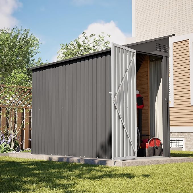 4×8 FT Lean to Metal Shed,Outdoor Heavy-Duty Storage Shed with Floor Base,All Weather Waterproof Garden Tool House W/Lockable Door&2 Air Vents,Reversible Door Design,for Backyard,Patio,Lawn,Gray