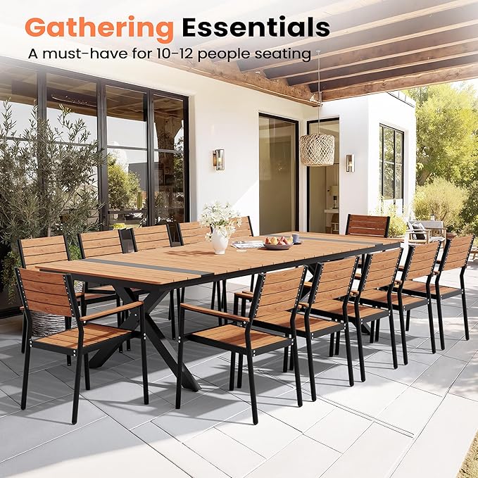 Pellebant 118" Outdoor Dining Table for 8-12, Aluminum Patio Dining Table with Umbrella Hole, Waterproof Wood-Like Tabletop for Lawn Garden Backyard, Brown