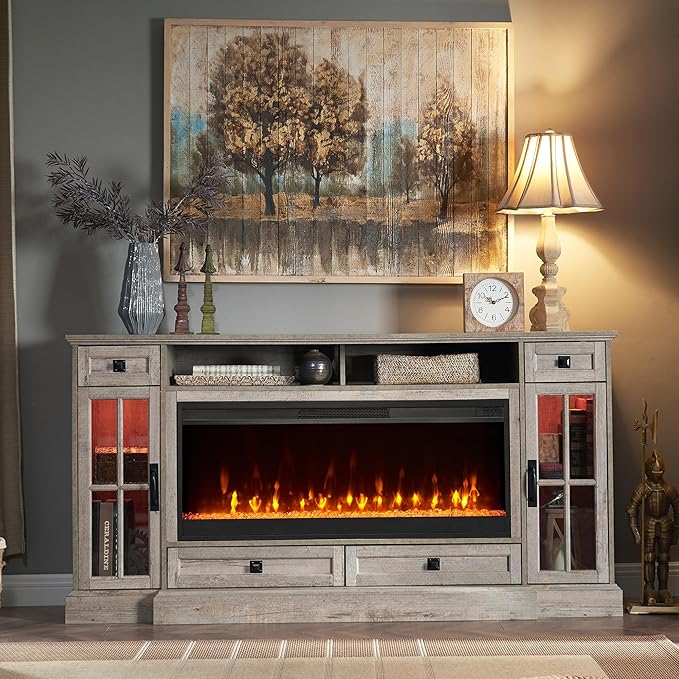 OKD Fireplace TV Stand for 80 Inch TV, Farmhouse Entertainment Center with 42" Fireplace & LED Lights, Modern Media Console Table with Storage Drawers & Cabinets for Living Room, Light Rustic Oak