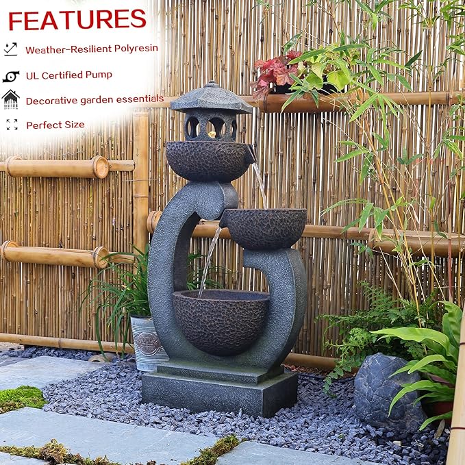Tankana Water Fountain Outdoor Zen Feature - Garden Tranquil Pagoda Waterfalls Fountains Bowl with LED Lights & Pump for Patio Yard Porch Pool, Gray, 35.5 inches