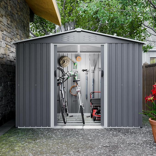 8X6 FT Outdoor Storage Shed with Roof,Waterproof House Tool Cabinet W/Metal Foundation & Lockable Doors,for Shovels,Umbrellas,Antennas,Escalators,Gray