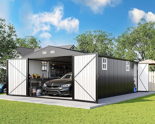 AMERLIFE 10x21x7.3 FT Outdoor Metal Garage Shed, Extra Large Storage Shed with Double Hinged Doors & 4 Windows, Carport for Car, Midsize SUV and Equipment Storage, Dark Gray
