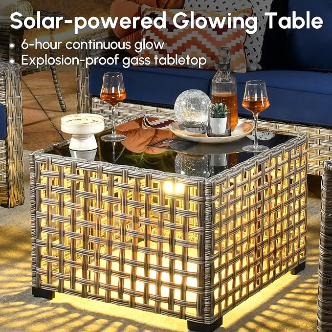 4 Pieces Patio Outdoor Furniture Set,All Weather Wicker Rattan Patio Seating Sofa and Chair Set w/ 3-Seater Sofa and Glowing Coffee Table,Outdoor Conversation Sets for Deck Yard Garden,Navy Blue