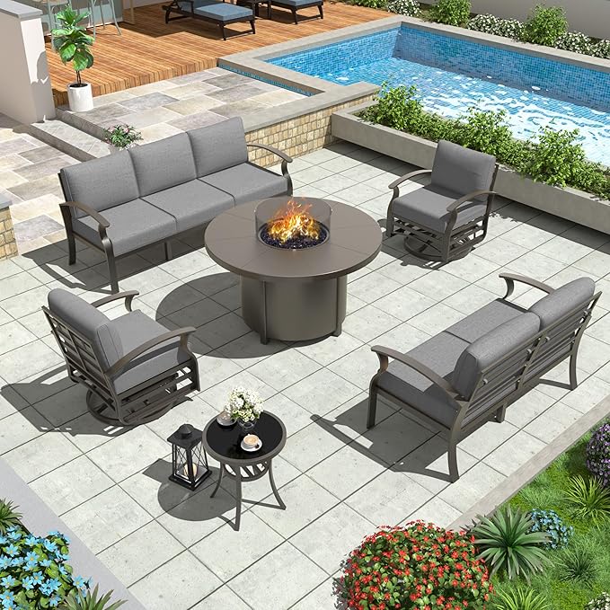 Aluminum Patio Furniture Set with Round Fire Pit Table, 7 Seats Outdoor Conversation Sets Modern Metal Patio Sectional Sofa with Upgrade Cushions for Patio, Backyard Grey