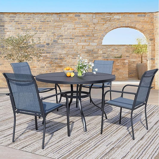 5 Piece Outdoor Dining Set, Patio Table and Chairs Set of 4, 42" Black Round Patio Table with 4 Blue Stackable Patio Chairs for Lawn, Garden, Porch