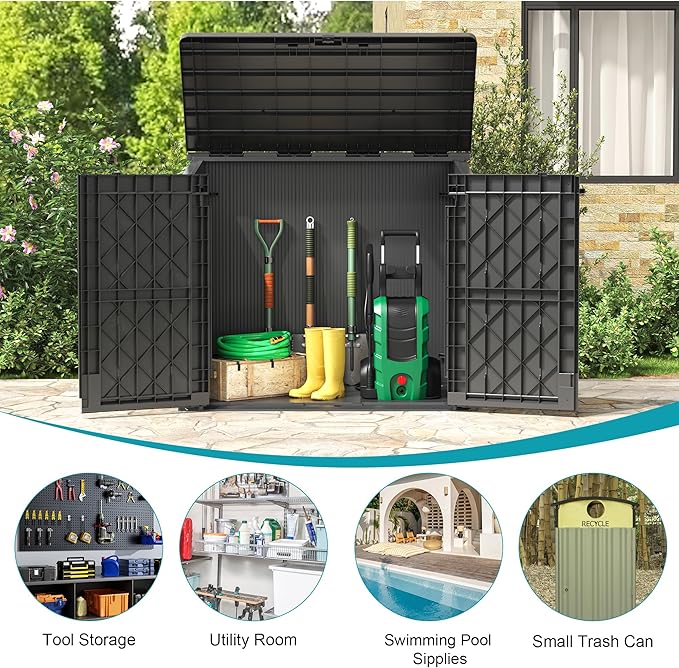 Horizontal Resin Storage Shed 36 Cu Ft with Lockable Doors, Portable Outdoor Storage Cabinet -Waterproof Outdoor Storage Box for Backyards, Easy to Assemble Black