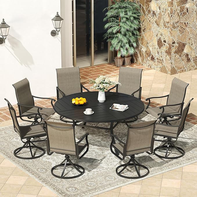VICLLAX Round Patio Dining Table, 8-10 Person Metal Outdoor Dining Table with Umbrella Hole and Storage Shelf for Garden Lawn Deck, 60" Black