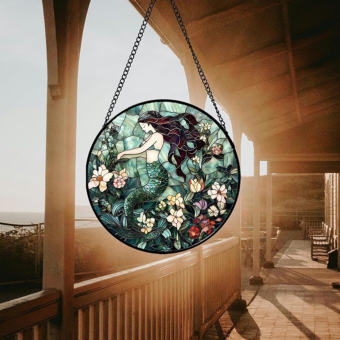 JOSUMALY Stained Glass Window Hanging - Teal Sleeping Mermaid Suncatcher for Door Terrace Garden Home Decor, Sea of Flowers Sun Catcher Birthday Gifts for Lovers Women Men Dad Mom Nana 9.8 in