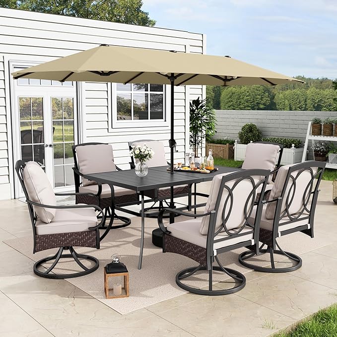 MFSTUDIO Heavy Duty Patio Set with Umbrella, 59'' Metal Rectangular Table & Swivel Chairs & 13ft Umbrella, 7 Pieces Outdoor Dining Furniture with Umbrella, Beige