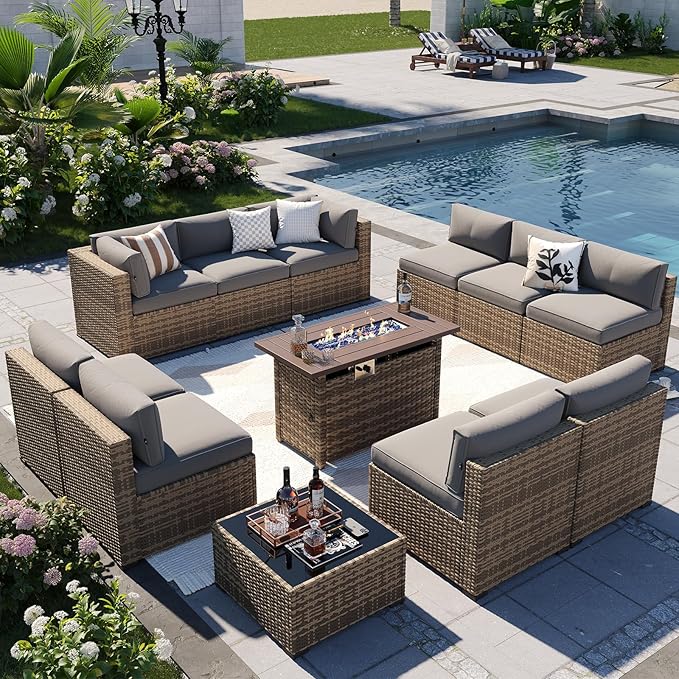 Aoxun Patio Furniture Sets, 12-Piece Outdoor Patio Furniture with 44'' Propane Gas Firepit Table, Wicker Outdoor Conversation Set Sectional Sofa for Backyard, Poolside, Garden