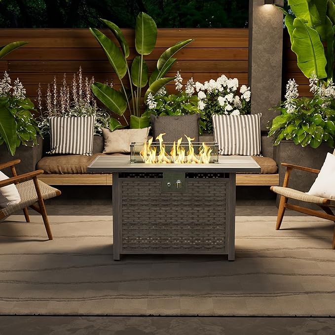 Outdoor Fire Pit Table Propane Gas Fire pits &Outdoor Fireplaces 43″ Rectangular Firepit Table, 50,000 BTU Fire Table for Patio Set, Sand