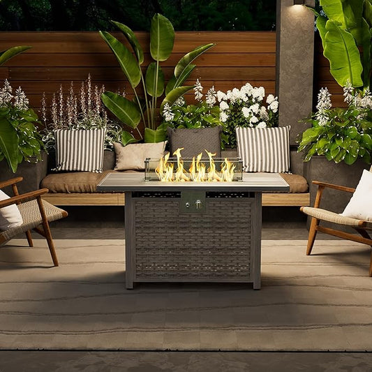 30" Round Propane Fire Pit Table - 50K BTU with Lid, Rocks Tank Storage and Cover - Round Gas Fire Pits for Outside Patio - Outdoor Table with Firepit (Brown, 43" Rectangular)