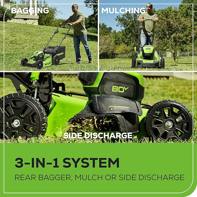 Greenworks 80V 21” Brushless (Push) Cordless Electric Lawn Mower + (500 CFM) Axial Leaf Blower + 13” String Trimmer (75+ Compatible Tools), (2) 2.0Ah Batteries and 30 Minute Rapid Charger
