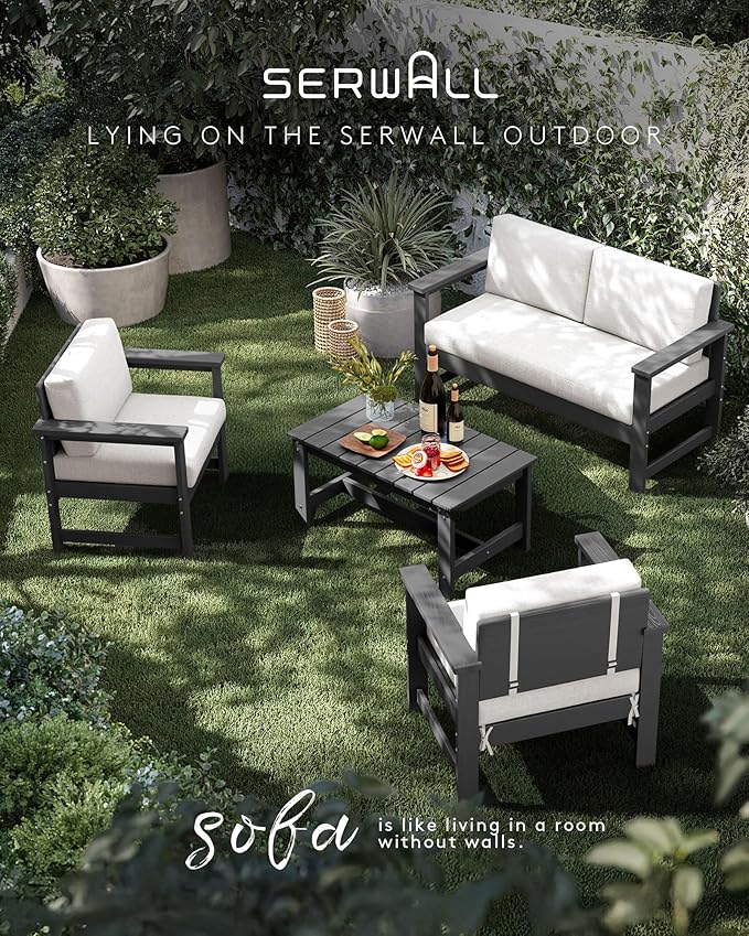 SERWALL 4 Pieces HDPE Outdoor Sofa Set with Cushions, All Weather Use Loveseat Furniture Sofa Set, Outdoor Conversation Couch with Coffee Table for Patio, Grey Frame with Khaki Cushions