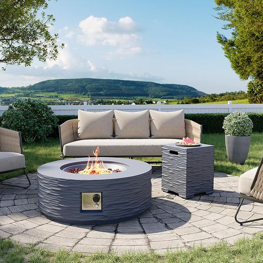 Cosiest Propane Fire Pit with Tank Cover for Outside, 35 in Round Gas Fire Pits for Outdoor Patio, Certified, 50000 BTU Concrete Rectangle Base with Rain Cover, Free Lava Rocks