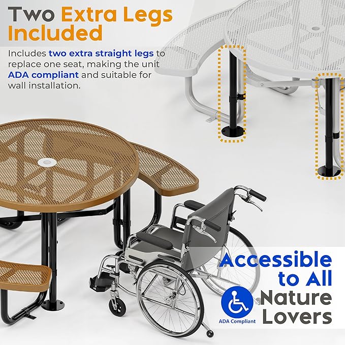 OUTTANS Metal Picnic Tables for Outdoors with Umbrella Hole - Coated Steel Heavy Duty Commercial Grade Furniture Set with Adjustable Seats (Brown, 46 in, Round, Punched Steel)
